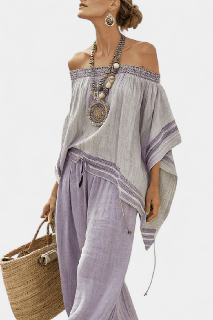 Zandrel | Elegante top con hombros descubiertos y pantalones anchos a rayas