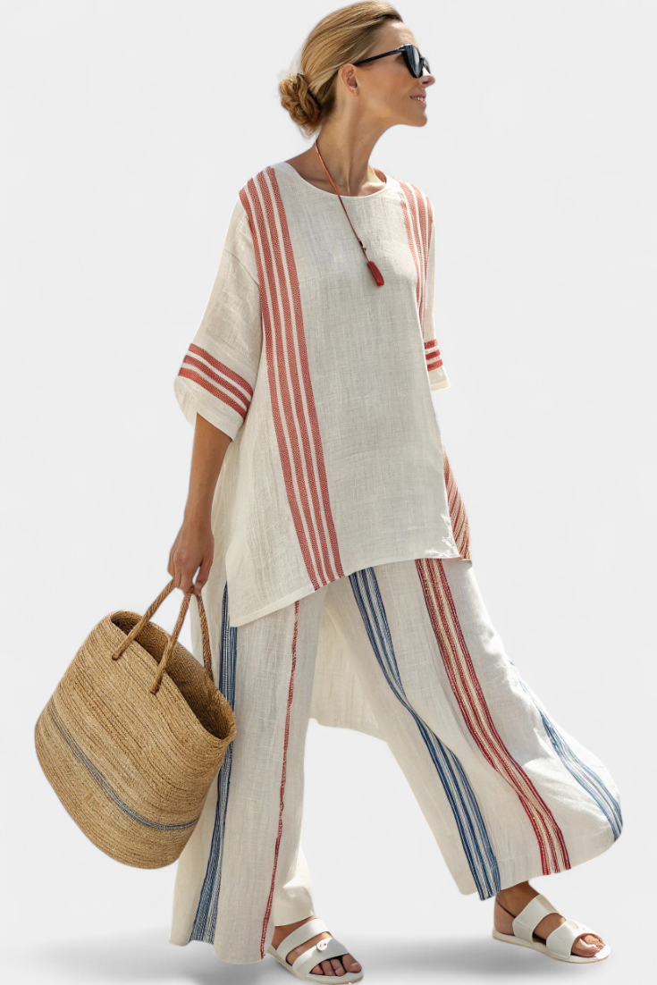Solvane | Top sofisticado de rayas multicolor y pantalones mediterráneos