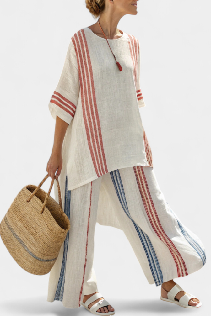 Solvane | Top sofisticado de rayas multicolor y pantalones mediterráneos