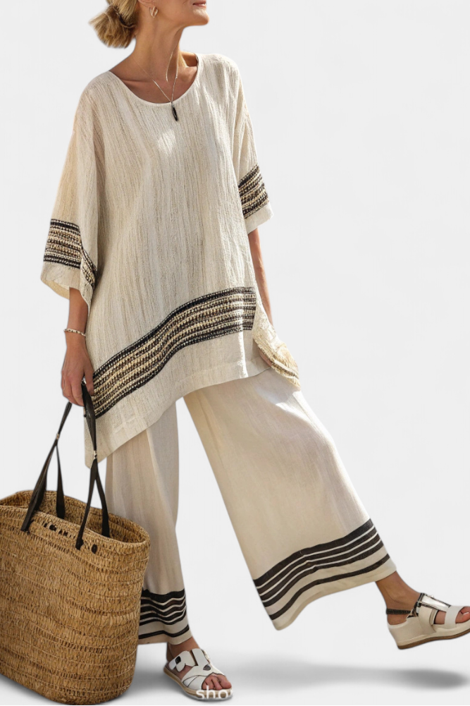 Harlowe | Elegante top de lino a rayas negras y pantalones holgados