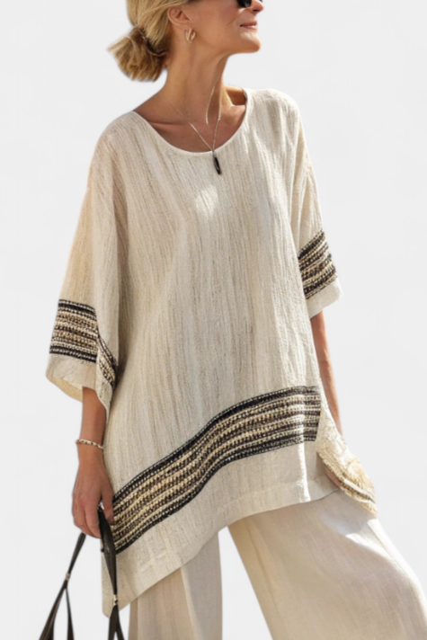 Harlowe | Elegante top de lino a rayas negras y pantalones holgados