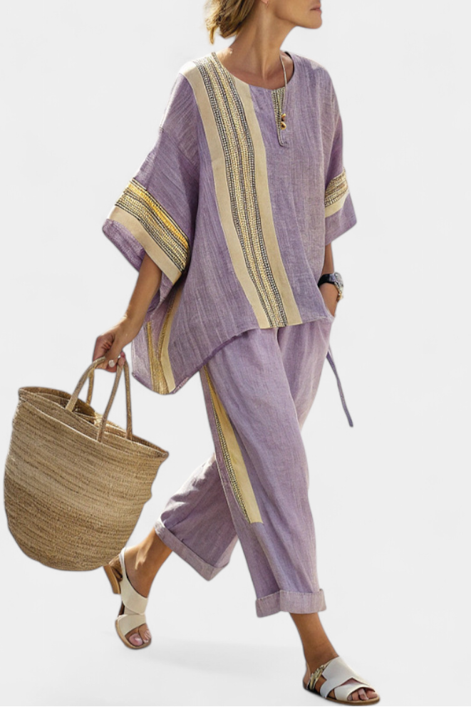 Elowric | Elegante top lavanda y pantalón de rayas mostaza
