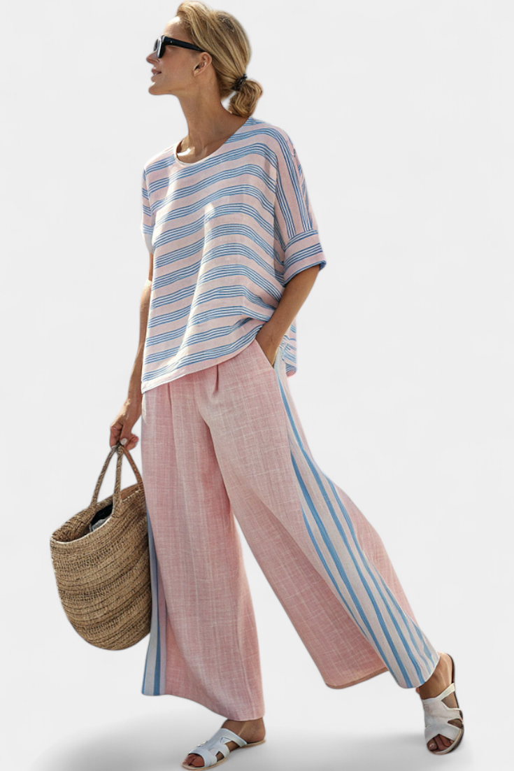 Virella | Elegante blusa de lino rosa y azul y pantalones suaves