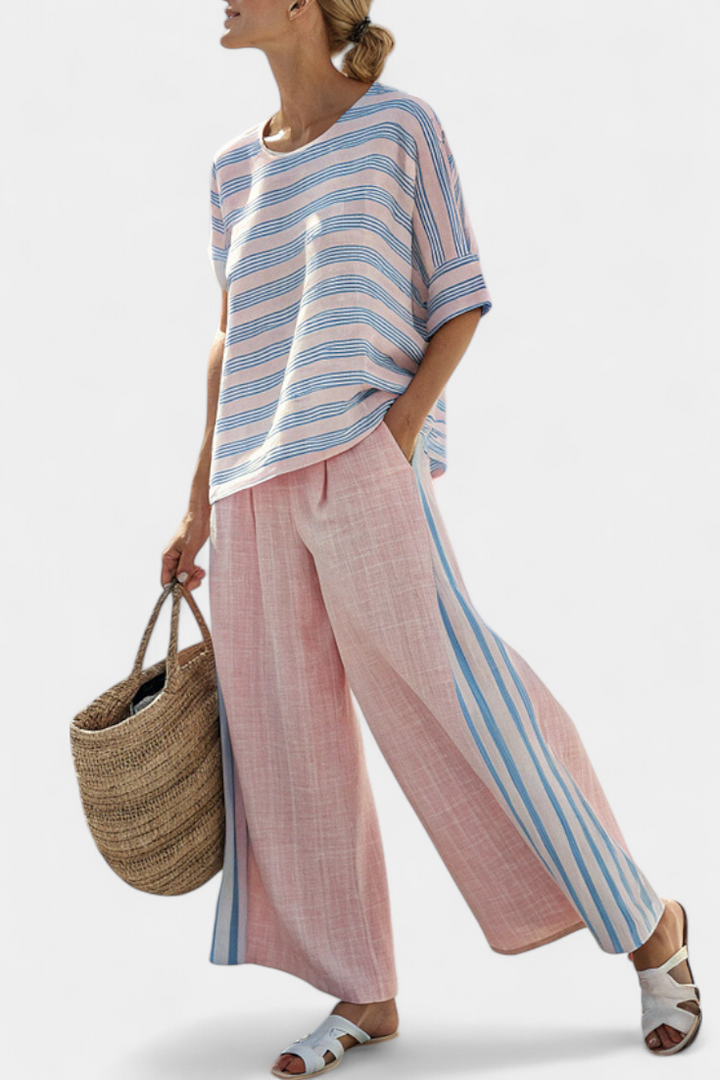 Virella | Elegante blusa de lino rosa y azul y pantalones suaves