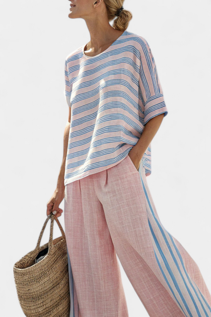 Virella | Elegante blusa de lino rosa y azul y pantalones suaves