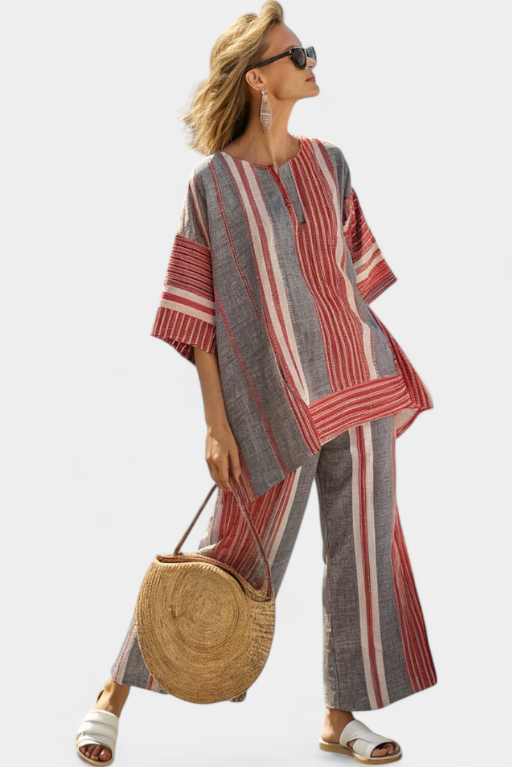Bravine | Elegante top de lino gris coral y pantalones anchos