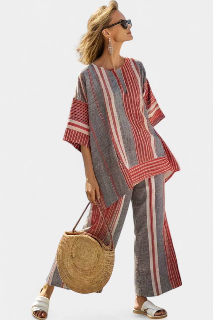 Bravine | Elegante top de lino gris coral y pantalones anchos