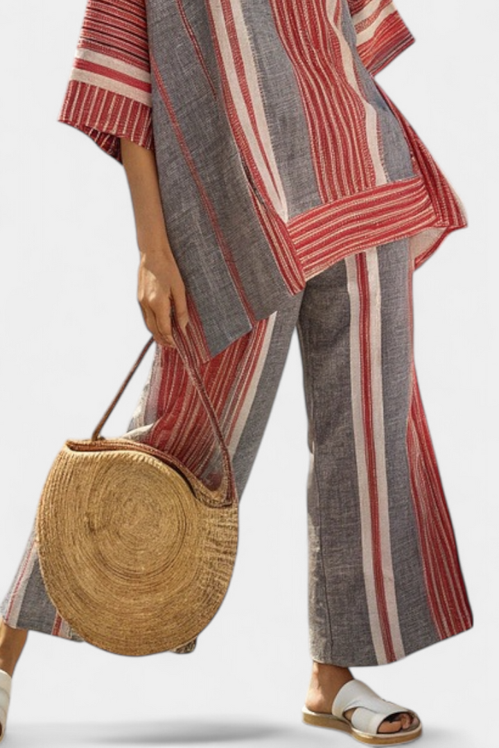 Bravine | Elegante top de lino gris coral y pantalones anchos