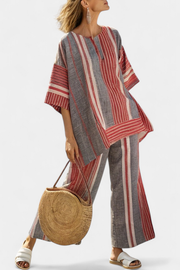 Bravine | Elegante top de lino gris coral y pantalones anchos