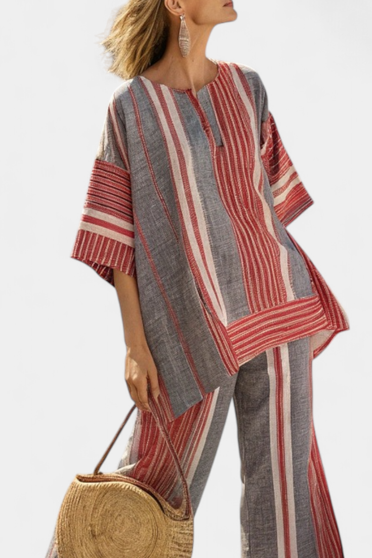 Bravine | Elegante top de lino gris coral y pantalones anchos