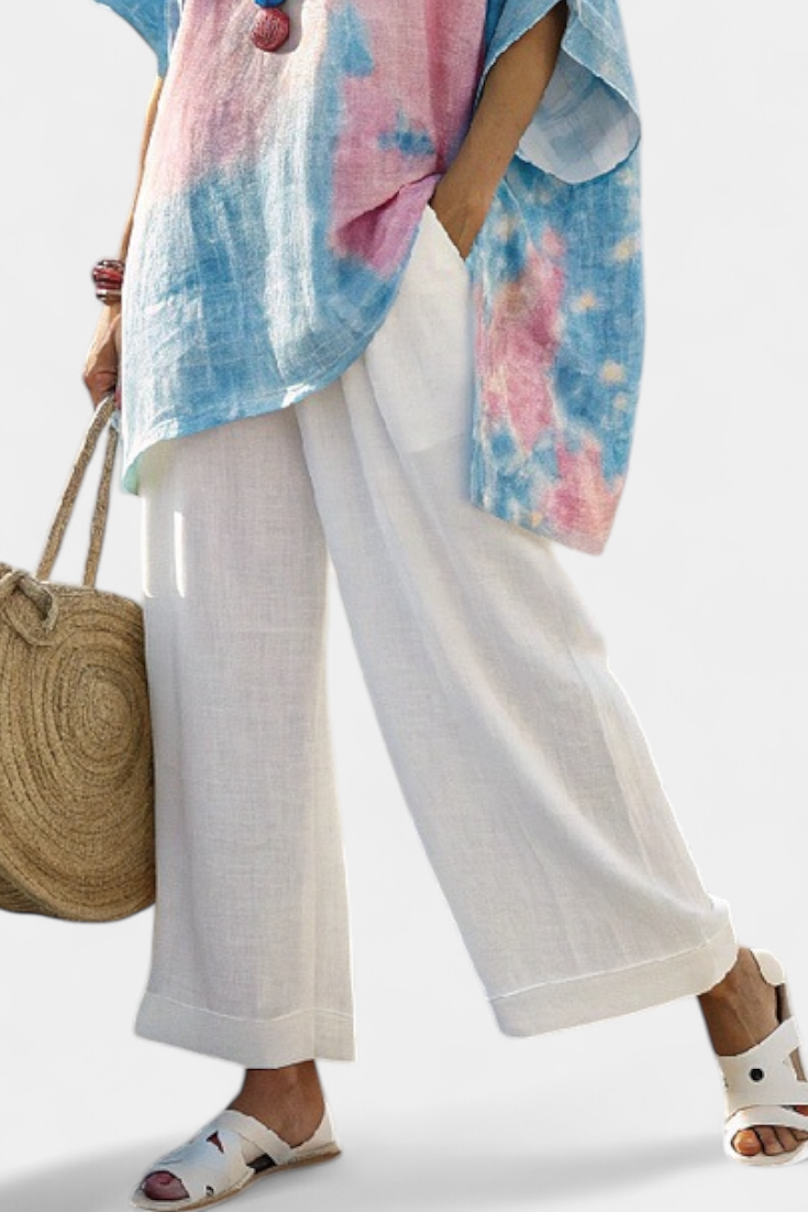 Vantrel | Cómoda blusa de lino relajada y pantalones de bambú a rayas