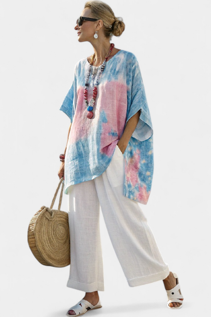 Vantrel | Cómoda blusa de lino relajada y pantalones de bambú a rayas