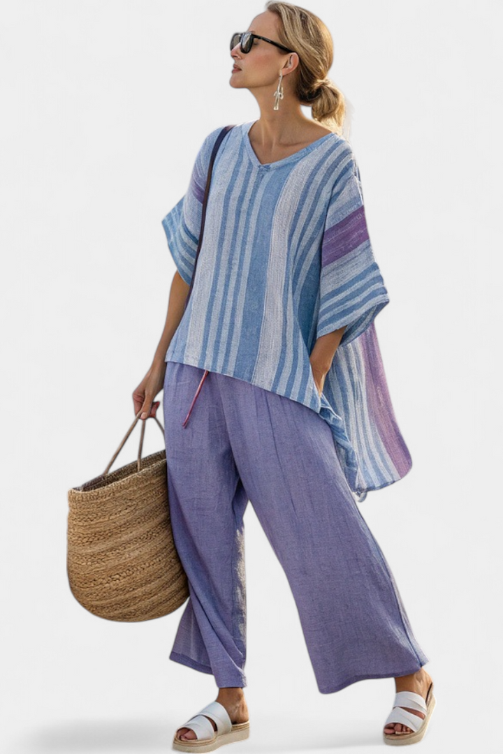 Zellora | Elegante top y pantalón de lino en tonos lavanda y azul cielo