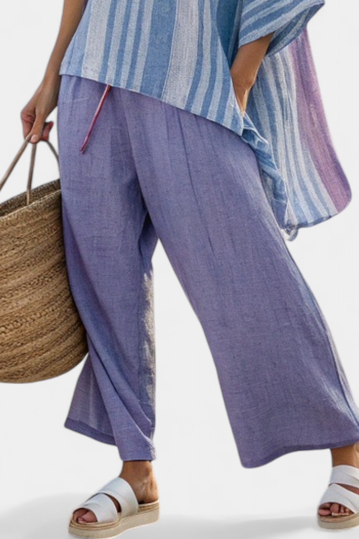 Zellora | Elegante top y pantalón de lino en tonos lavanda y azul cielo
