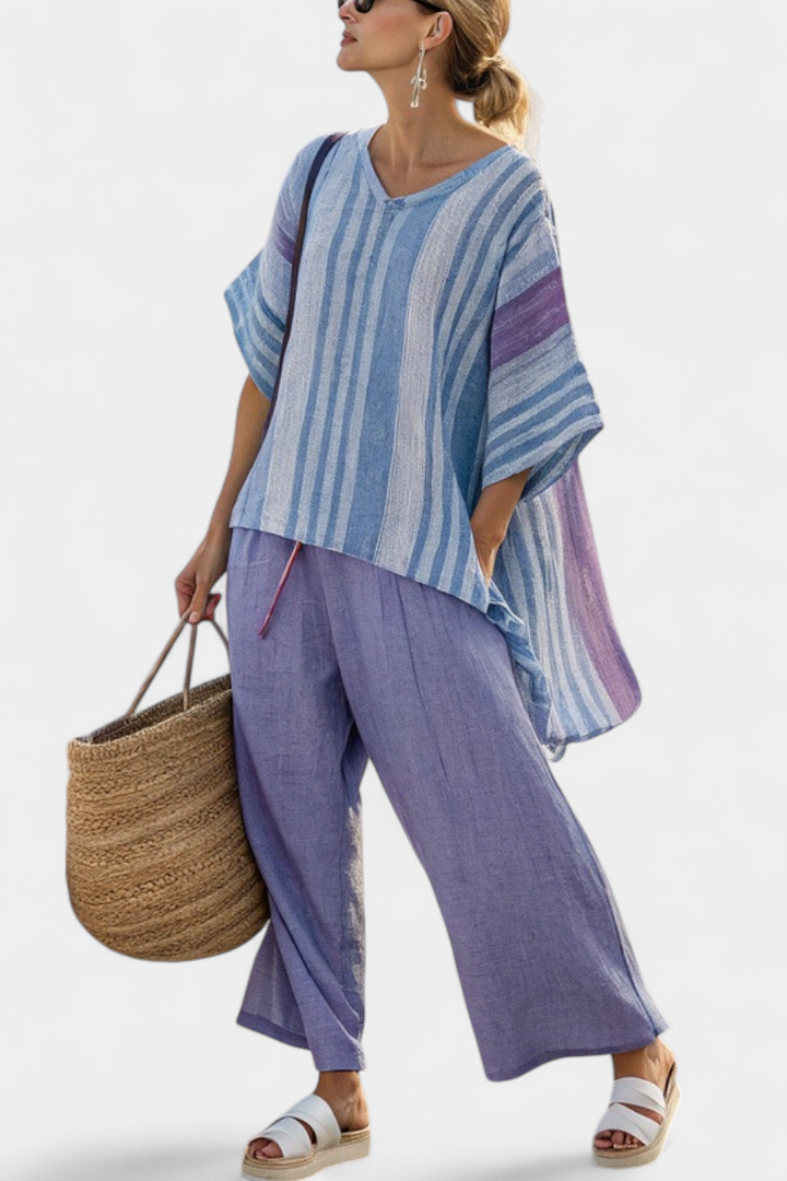 Zellora | Elegante top y pantalón de lino en tonos lavanda y azul cielo