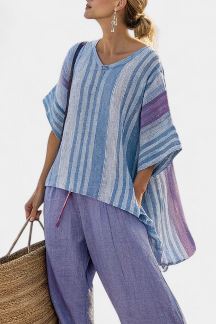 Zellora | Elegante top y pantalón de lino en tonos lavanda y azul cielo