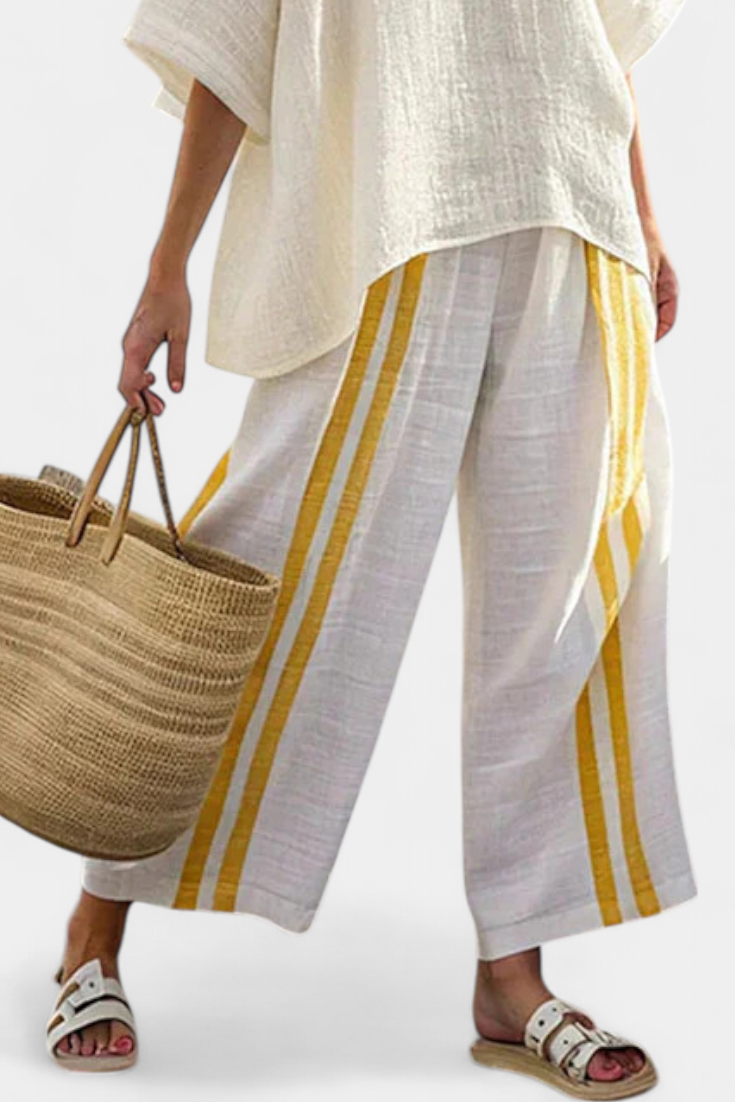Anselor | Elegante top de lino a rayas amarillas y pantalones anchos