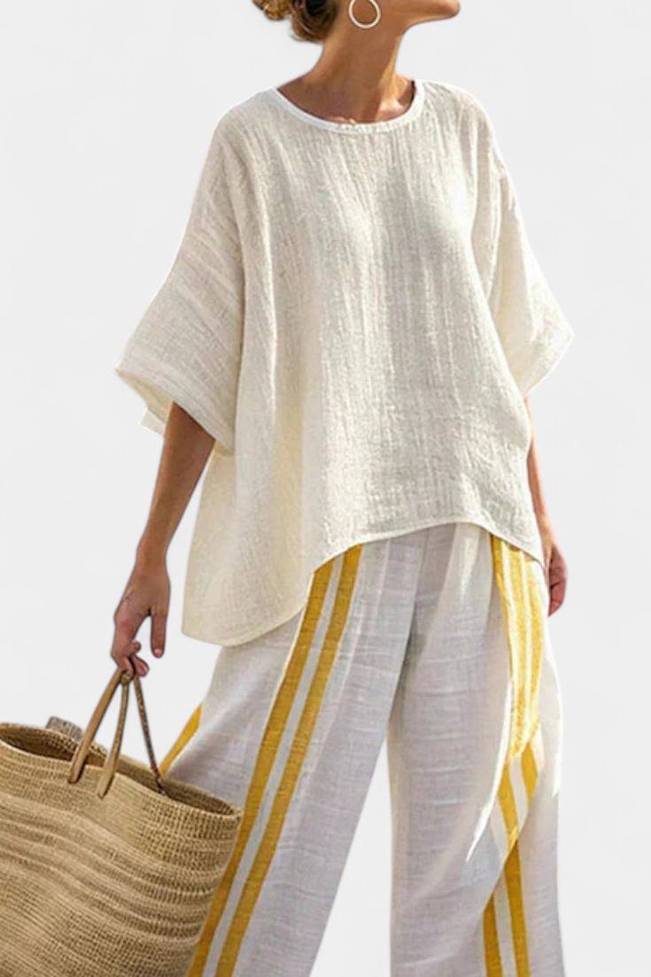 Anselor | Elegante top de lino a rayas amarillas y pantalones anchos