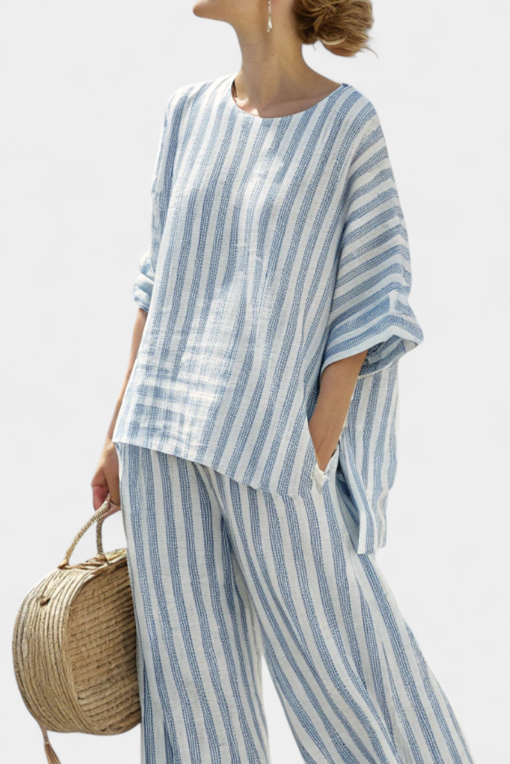 Rensleigh | Sofisticado top de lino a rayas azules y pantalones holgados