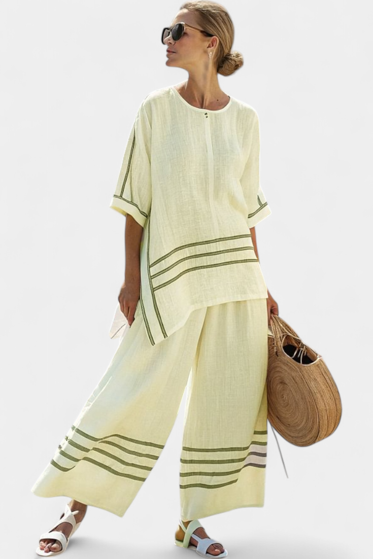 Wynric | Top asimétrico de rayas sofisticado y pantalones llamativos