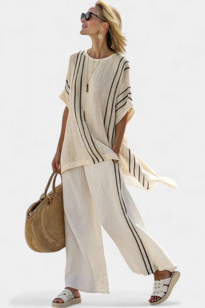 Greysen | Elegante blusa de lino color marfil y pantalón de rayas negras