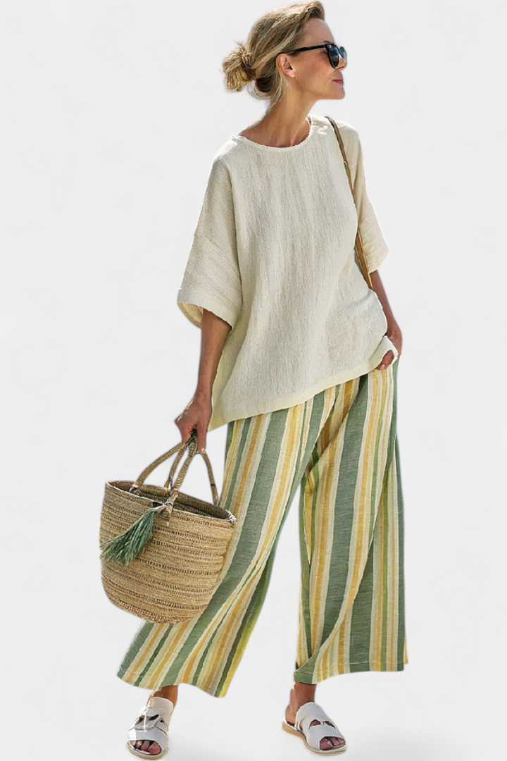Ellowyn | Top sofisticado y pantalones de lino a rayas