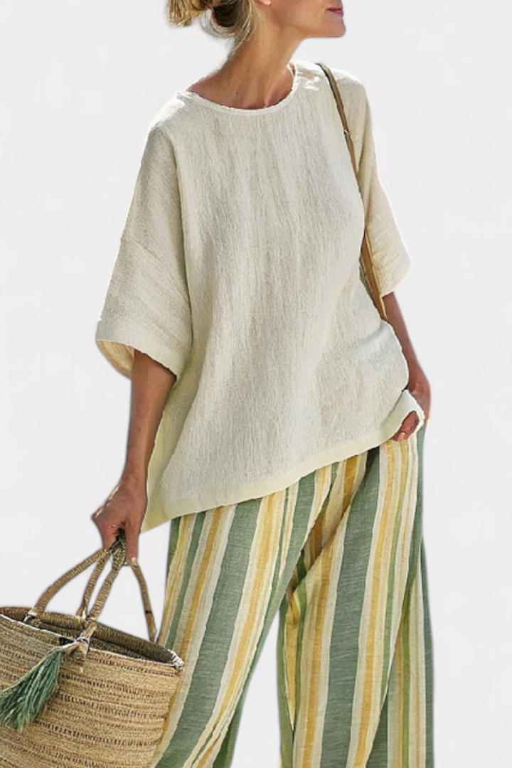 Ellowyn | Top sofisticado y pantalones de lino a rayas