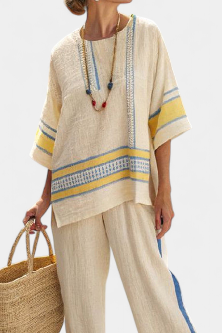 Jaxmere | Cómodo top mediterráneo azul y amarillo y pantalón de lino