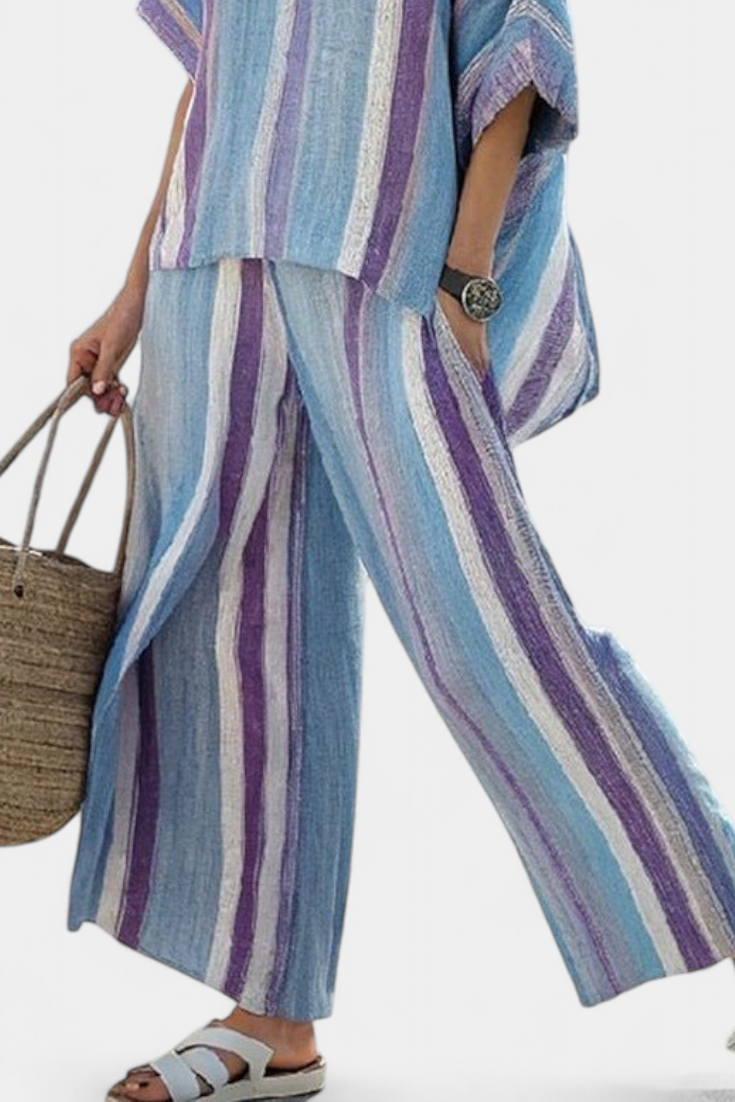 Faelith | Elegante top malva pastel y pantalón de lino a rayas