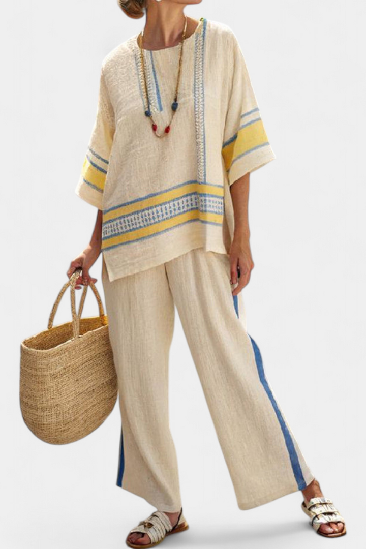 Jaxmere | Cómodo top mediterráneo azul y amarillo y pantalón de lino