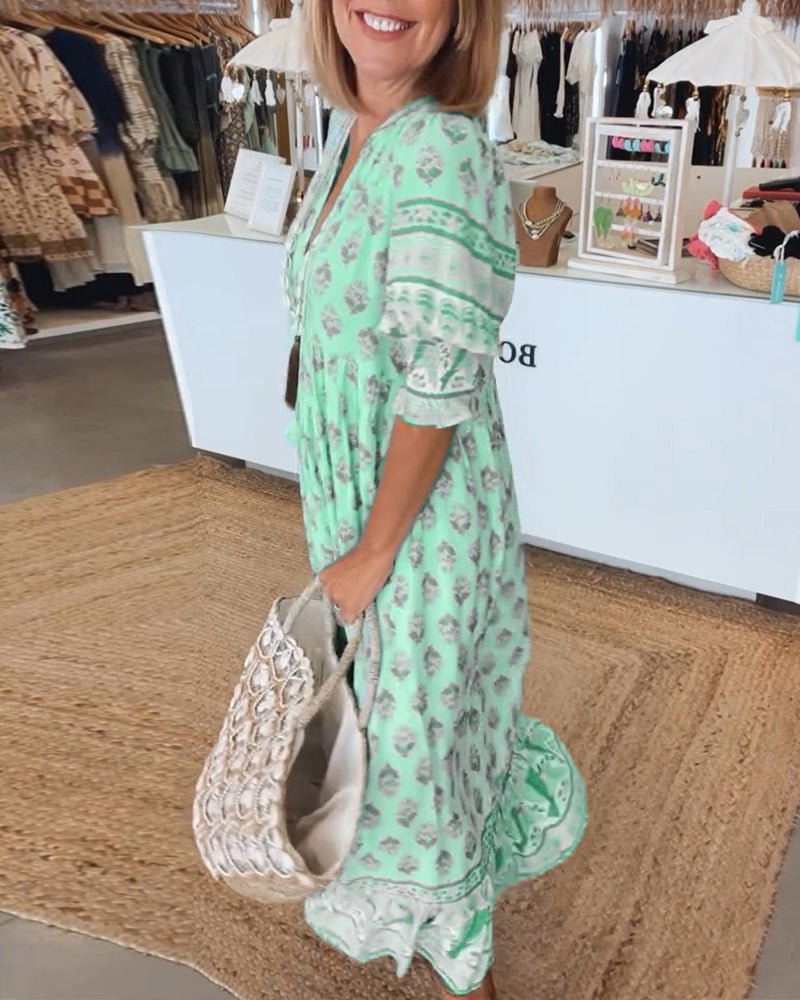 VERONA - VESTIDO ESTAMPADO DE MEDIA MANGA CON CUELLO EN V