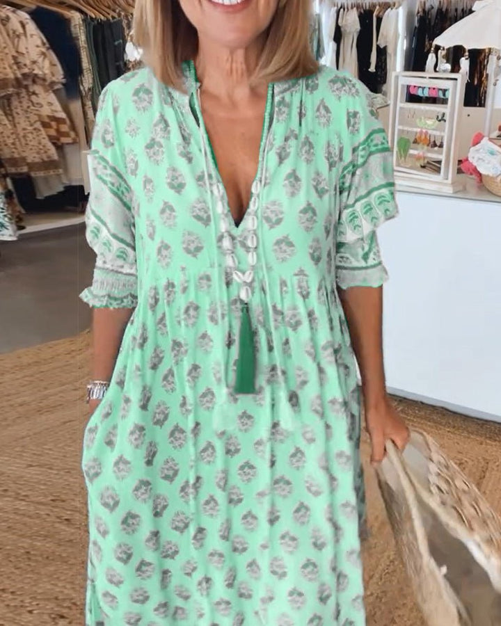 VERONA - VESTIDO ESTAMPADO DE MEDIA MANGA CON CUELLO EN V