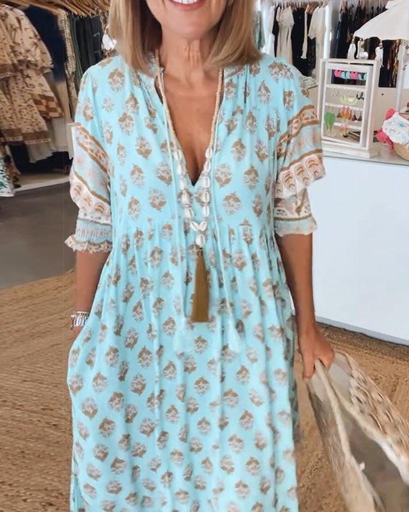 VERONA - VESTIDO ESTAMPADO DE MEDIA MANGA CON CUELLO EN V
