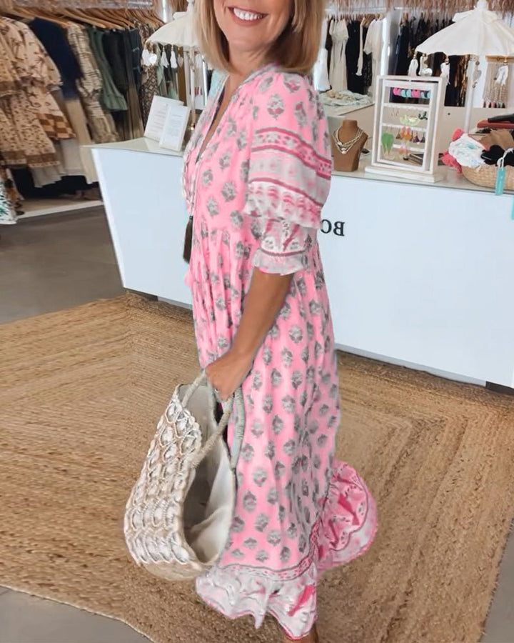 VERONA - VESTIDO ESTAMPADO DE MEDIA MANGA CON CUELLO EN V