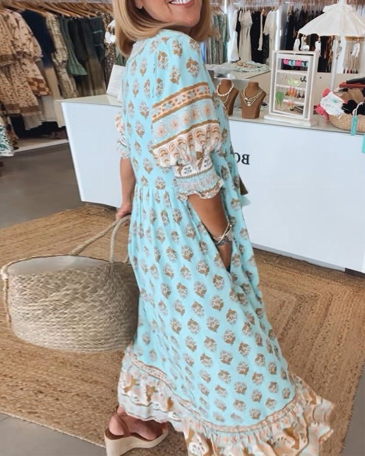 VERONA - VESTIDO ESTAMPADO DE MEDIA MANGA CON CUELLO EN V