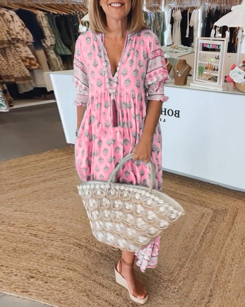 VERONA - VESTIDO ESTAMPADO DE MEDIA MANGA CON CUELLO EN V