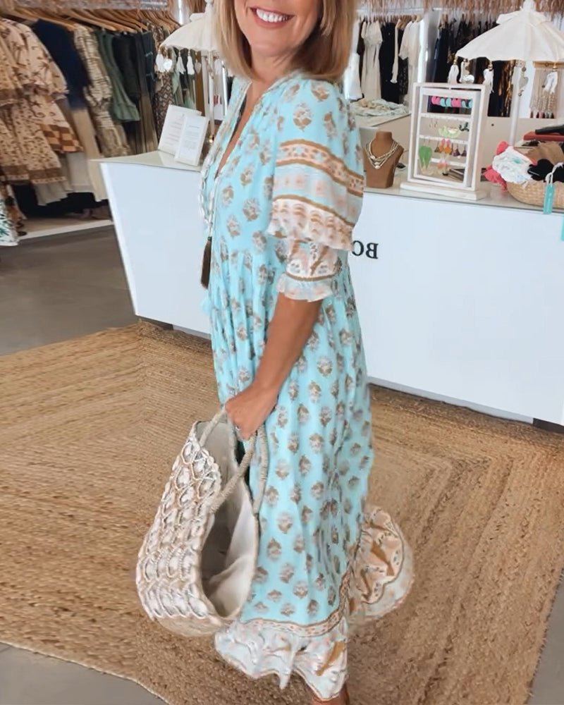 VERONA - VESTIDO ESTAMPADO DE MEDIA MANGA CON CUELLO EN V