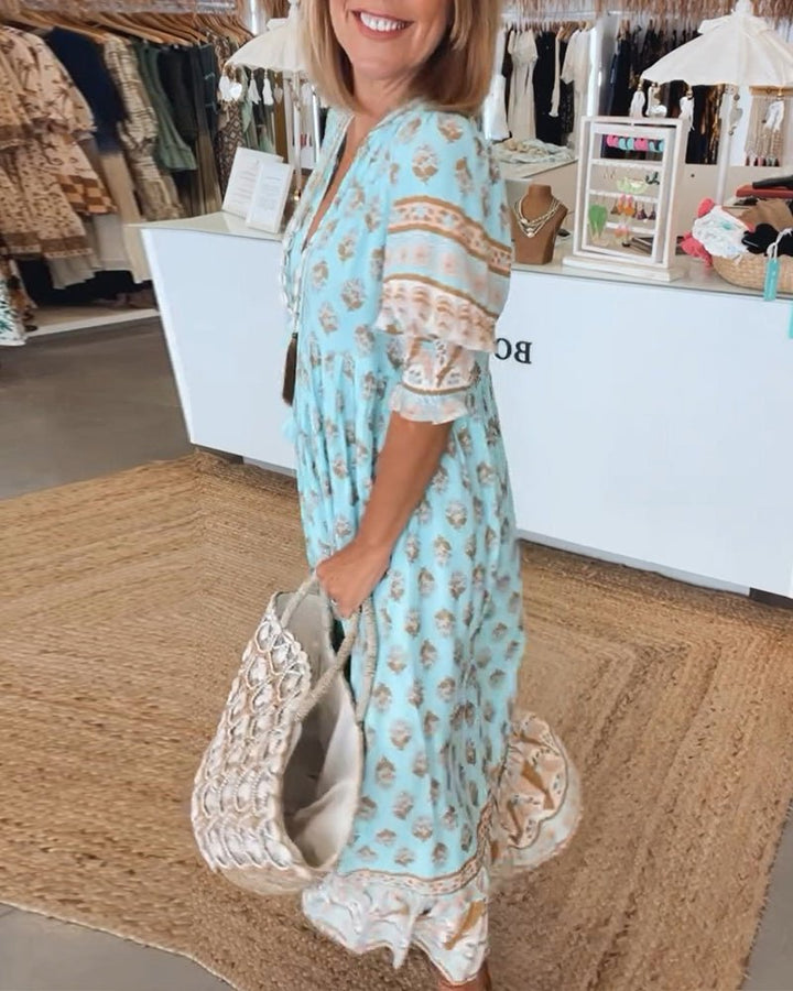 VERONA - VESTIDO ESTAMPADO DE MEDIA MANGA CON CUELLO EN V