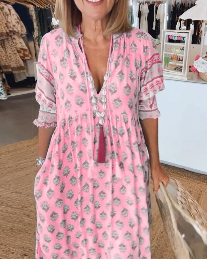 VERONA - VESTIDO ESTAMPADO DE MEDIA MANGA CON CUELLO EN V