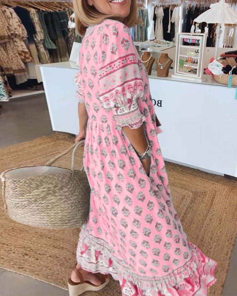 VERONA - VESTIDO ESTAMPADO DE MEDIA MANGA CON CUELLO EN V