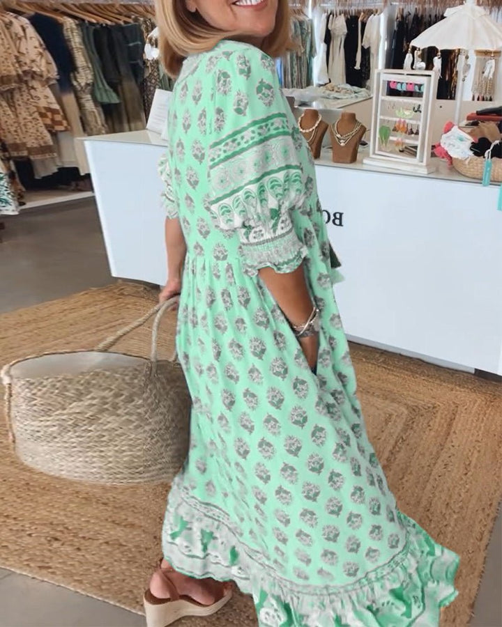 VERONA - VESTIDO ESTAMPADO DE MEDIA MANGA CON CUELLO EN V